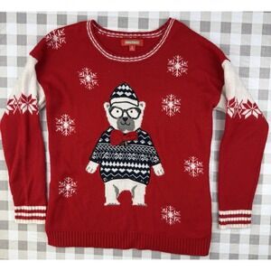 Holiday Traditions Polar Bear Ugly Christmas Sweater Medium Red
